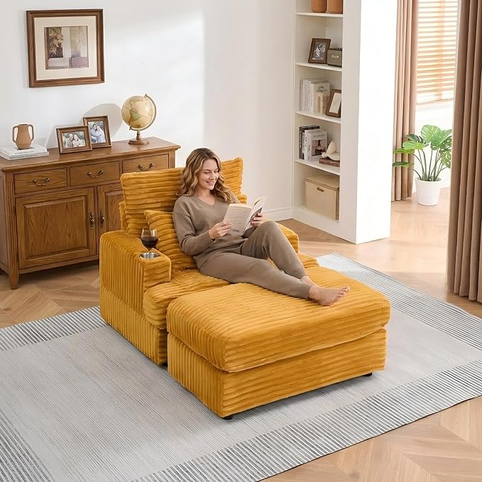 Eafurn 39" Corduroy Modular Accent Chair with Movable Ottoman, Comfy Living Room Armchair with Cup Holder, Soft Upholstered Wide Single Lounge Chaise Chair for Bedroom, Office or Reading Nook