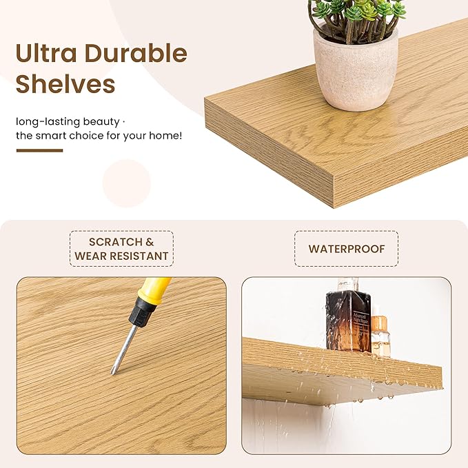 40in Floating Shelves for Wall, 40"W x 9.25"D x 1.25"H, 2 Pack Long Wall Mounted Engineered Wood Shelves with Invisible Brackets for Living Room, Bedroom, Bathroom, Kitchen Decor and Storage, Oak