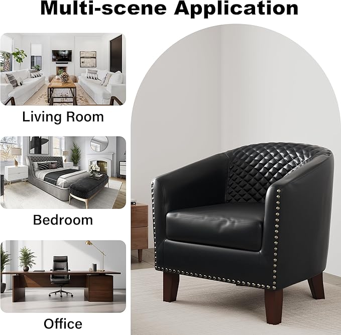 Accent Barrel Chair, Upholstered Faux Leather Club Chair with Nailed Trim, Comfy Reading Armchair for Living Room Bedroom Reception Room Office (Black, Set of 1)