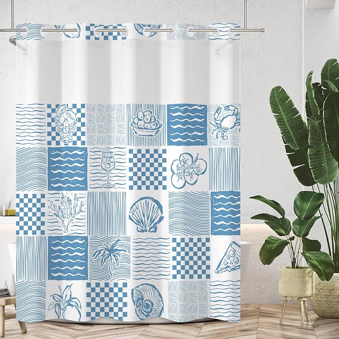 No Hook Shower Curtain Summer Blue Double-Layered Shower Curtains with Snap in Fabric Liner Tropical Fruits and Marine Life Curtains for Bathroom Waterproof Polyester Cloth 71x74 Inch
