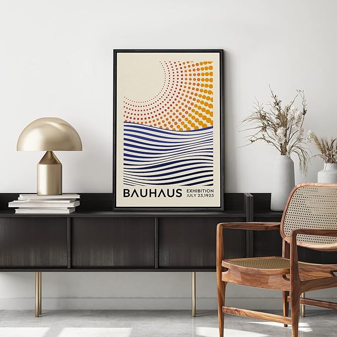 MUDECOR Framed Canvas Print Wall Art Mid-Century Bauhaus Geometric Sun & Ocean Shapes Abstract Illustrations Modern Art Minimal Multicolor Relax/Calm for Living Room, Bedroom, Office - 24"x36" Black