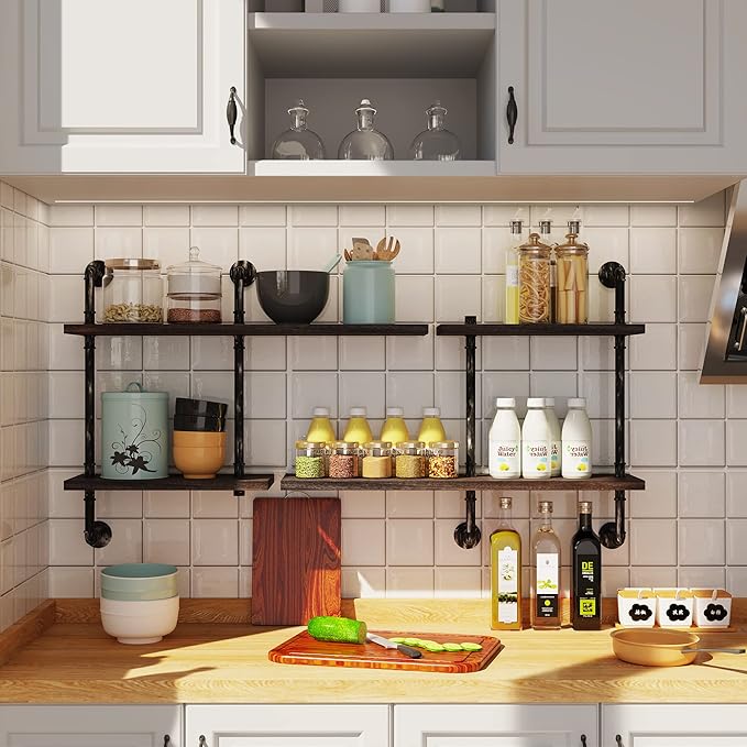Industrial Pipe Shelving Wall Mounted, Rustic Floating Shelves Wall Shelf Unit Bookshelf Hanging Wall Shelves,Farmhouse Kitchen Bar Shelving
