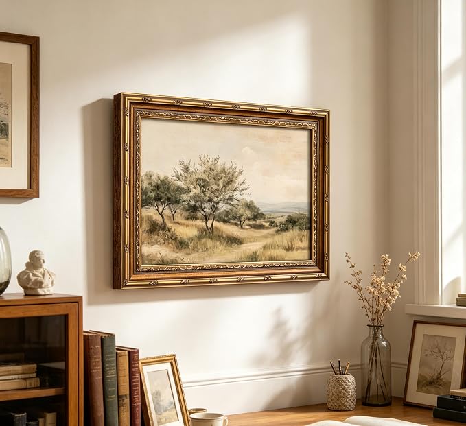 Vintage Gold Framed Olive Tree Landscape Wall Art - Retro Country Farmhouse Canvas Prints, Rustic Nature Scene Painting Prints Artwork for Living Room Bedroom Dining Room Decor，16x24in