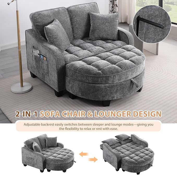 Oversized Curved Chaise Lounge Chair Indoor with Ottoman, 54.8" Cloud Boneless Reading Chair Soft Chenille Circle Couch w/Adjustable Backrest for Living Room, Apartroom, Bedroom, Grey