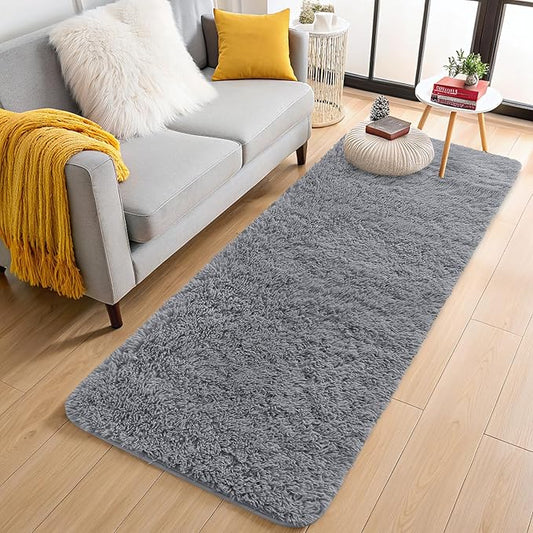 OLANLY 2x6 Machine Washable Runner Rugs for Hallway, Soft Fluffy Shaggy Bedside Rugs for Bedroom, Living Room, Indoor Floor Carpet for Kids Girls Boys, Nursery Rooms, Home Decor Aesthetic, Light Grey