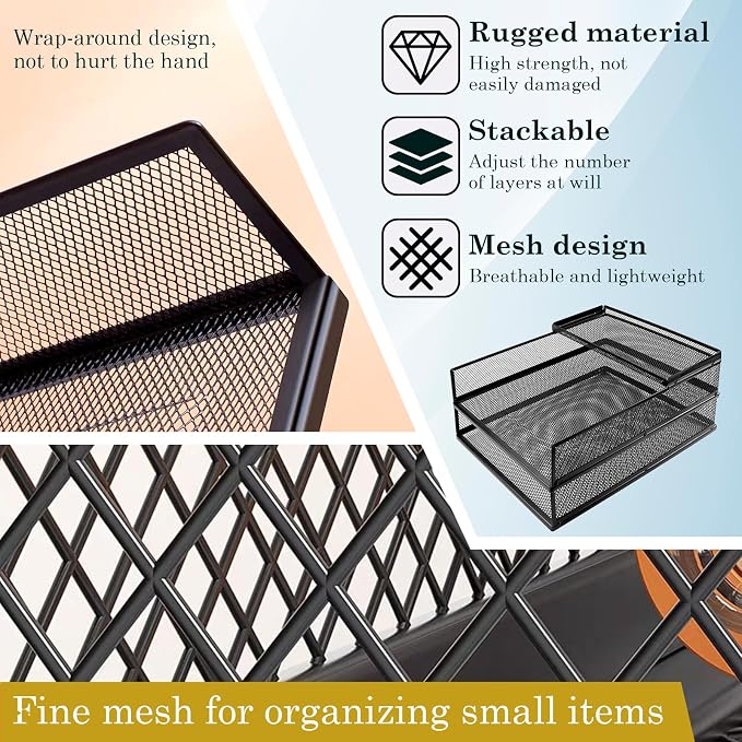 Metal Letter Tray Set, Stackable Wire Mesh Desk Organizer – Front Load File Holder for A4 Paper, Office, Home, Classroom (Black)