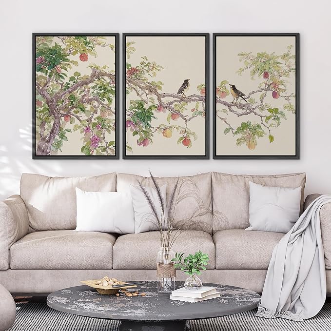 wall26 Framed Print Wall Art Set Watercolor Fruit Tree Branch with Birds Botanical Decorative Minimal Relax/Zen for Living Room, Bedroom, Office - 16"x24"x3 BLACK