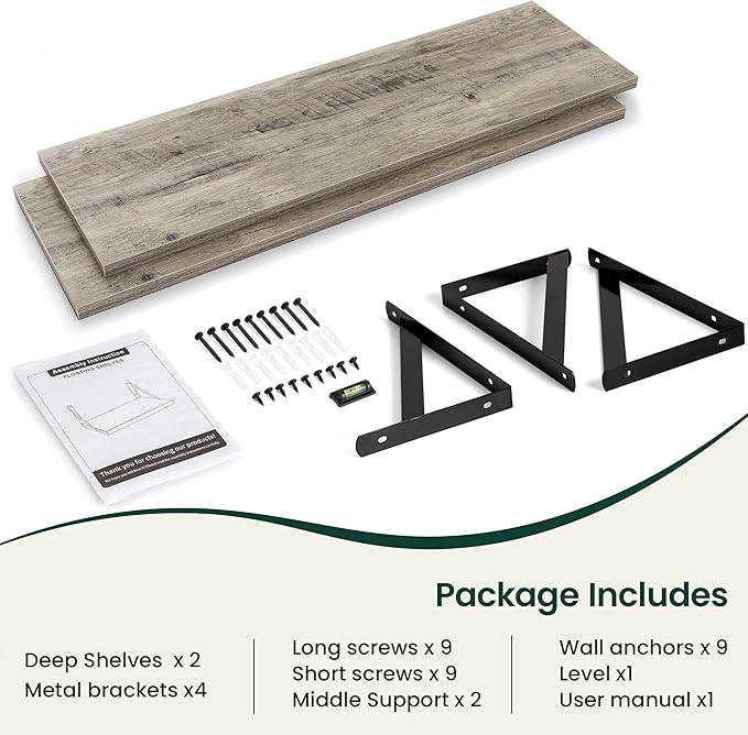 Floating Shelves, 12 Inch Deep Rustic Wood Wall Storage, 48W x 12D Wall Shelves Set of 2, Heavy Duty Metal Brackets, Large Industrial Book Shelf for Living Room, Kitchen, Bedroom, Grey