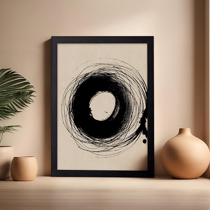 Poster Master Handmade Circle Drawing Poster - Ink Brush Print - Drawing Art - Sketch Design - Abstract Illustration - Great Bedroom or Living Room Wall Decor - 16x20 Black Framed
