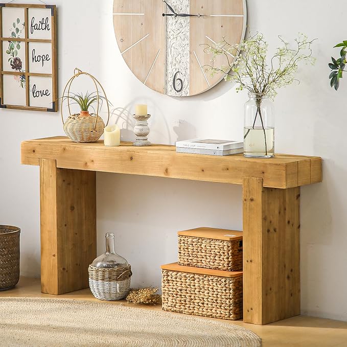 Wood Console Table, 63" Retro Long Boho Sofa Table Behind Couch, Wooden Narrow Sofa Table Hall Table for Living Room Foyer Entrance Entryway, Natural