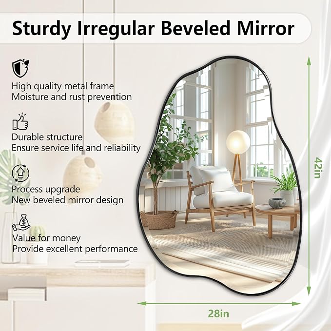POZINO Irregular Beveled Mirror, 42"x28" Asymmetrical Vanity Wall Mirror with Metal Frame, Organic Shape Mirrors for Entryway Bathroom Living Room Bedroom Hallway, Horizontal or Vertical Hanging