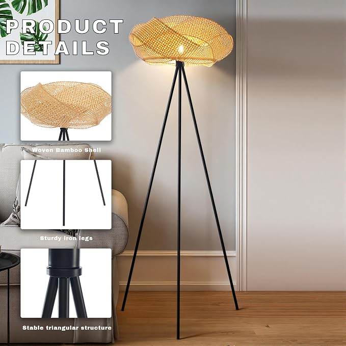 Handwoven Tripod Floor Lamp, Boho Bamboo Woven Lotus Shade Tall Standing Lamp, Black Metal Base for Living Room Bedroom Entryway, E26 Socket (Natural)
