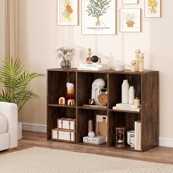 Tangkula 6-Cube Bookcase, Large Floor Standing Horizontal Bookshelf with 6 Open Shelves & 2 Anti-Tipping Kits, Home Office Wooden Storage Book Shelf for Living Room, Study (Rustic Brown, 6-Cube)