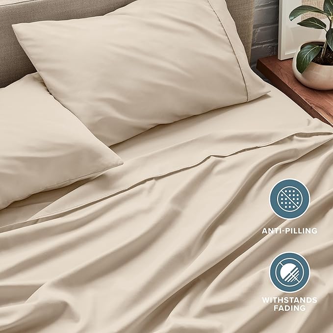 Bare Home Queen Sheet Set - 1800 Ultra-Soft Microfiber Queen Bed Sheets - Double Brushed - Deep Pockets - Easy Fit - 4 Piece Set - Bedding Sheets & Pillowcases (Queen, Sand)