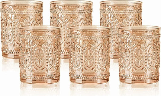 Darlion 6 Pack Amber Glassware Set, 10oz Vintage Drinking Glasses, Colored Water Glasses, Amber Embossed Glass Cups for Party Wedding Home Office Gift