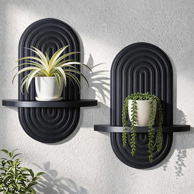 Heiple Set of 2 Boho Arched Floating Shelves 15.7”x 7.8”3D Wooden Hanging Shelf for Living Room Bedroom Nursery Mid Century Modern Wall Decor(Black, 11.7 * 15.7)