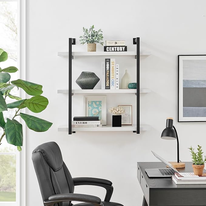 Danya B. Modern 3-Tier Hanging Bracket Wall Shelves in Black Metal and White Birch Finish