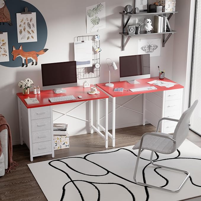Pamray 32 Inch Computer Desk with 4 Drawers Small Office Desk for Home Bedroom Study Writing Simple Modern Computer Table Red