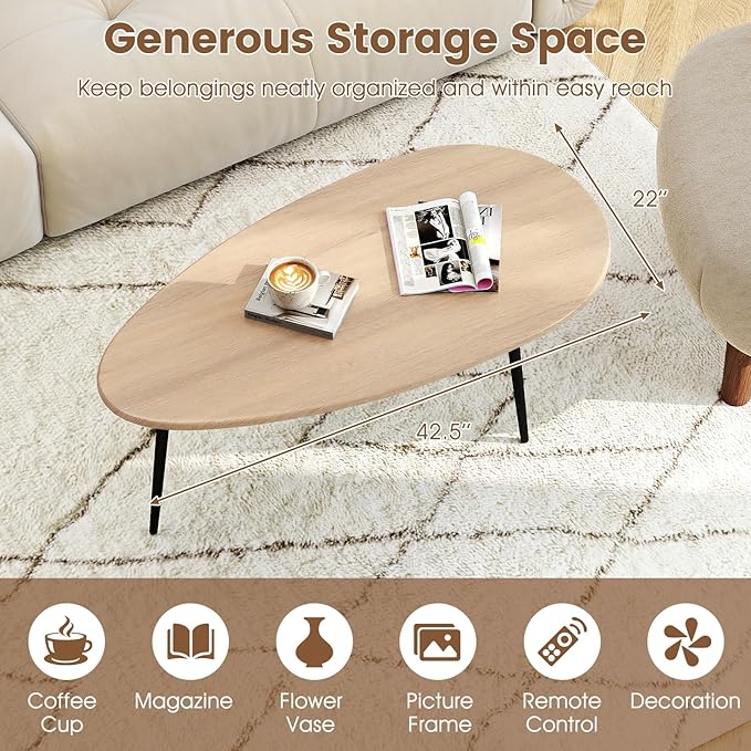 Giantex Oval Coffee Table, Mid Century Modern Center Table with Sturdy Metal Frame and Compact Design, Vintage Accent Cocktail Tea Table, Wood Living Room Tables for Small Spaces (Natural)