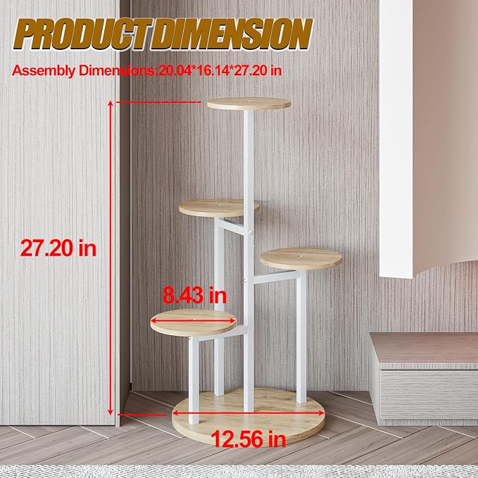INGIORDAR Plant Stand Indoor Outdoor Corner Plant Shelf for Multiple Flower Pots Flower Stand Holder for Patio Garden Balcony Living Room (White+Sonoma Oak, 5 Tier)