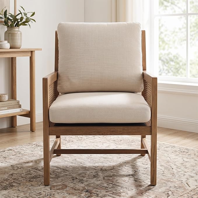 chairus Mid-Century Modern Accent Chairs Set of 2, Upholstered Solid Wood Armchairs with Cane Armrests & Slat Back, Comfy Rattan Reading Chairs for Living Room Bedroom Guest Room, Beige Linen
