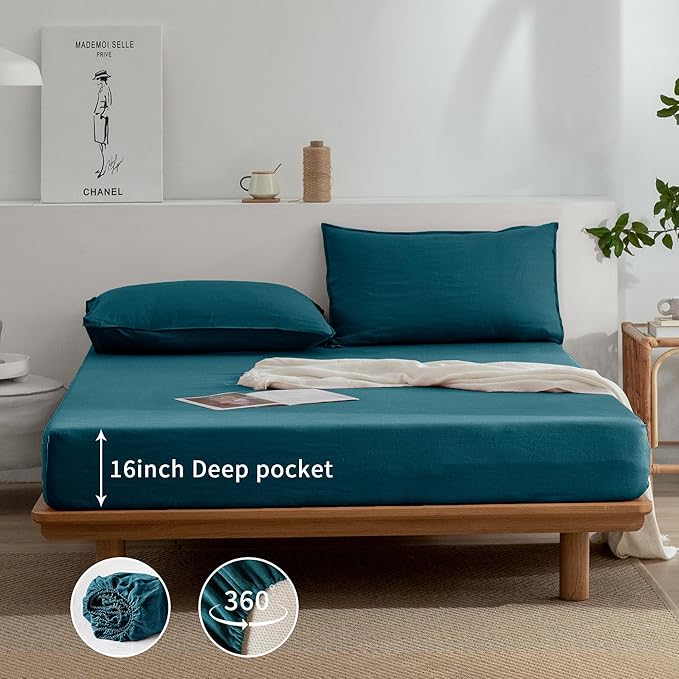 EVERLY Linen Sheets Set Full Size,100% French Stonewash Pure Linen Sheets Set,4Pieces (1Flat Sheet,1Fitted Sheet,2Pillowcase) Suitable for Hot Sleepers,Deep Pocket Natural Bedding Set-Graphite Blue