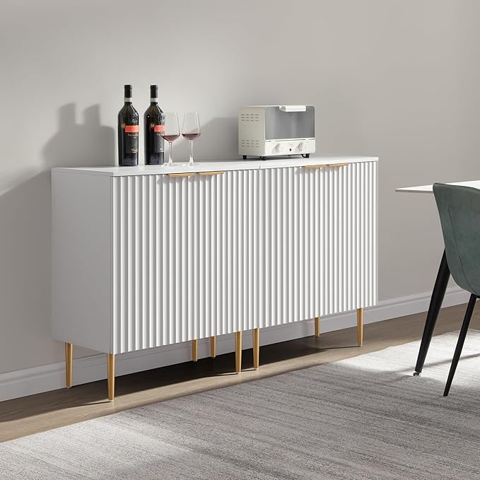 SICOTAS 57" Modern Sideboard Buffet Cabinet - Elegant Storage Credenza with 4 Doors & Adjustable Shelf, Space-Saving Console Coffee Bar Table for Entryway, Kitchen, Living Room or Hallway,White