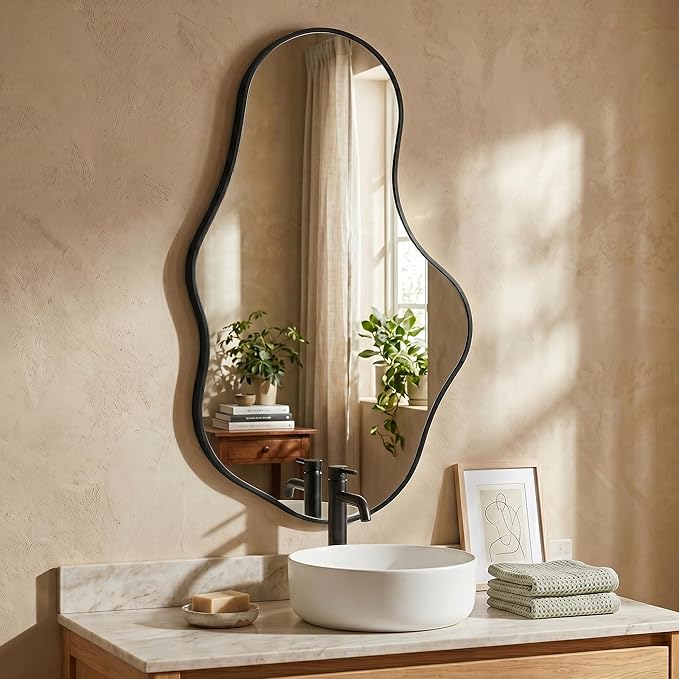 Irregular Wall Mirror, 24"x40" Black Abstract Asymmetrical Mirrors for Wall, Decorative Cloud Aesthetic Mirror for Bathroom, Bedroom, Cloakroom, Entryway, Shatter-Proof Aluminum Alloy Frame