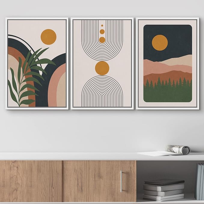 wall26 Framed Canvas Print Wall Art Set Boho Geometric Mid-Century Plant Planet Landscape Nature Abstract Illustrations Modern Bohemian Decorative for Living Room, Bedroom, Office - 16"x24"x3 White