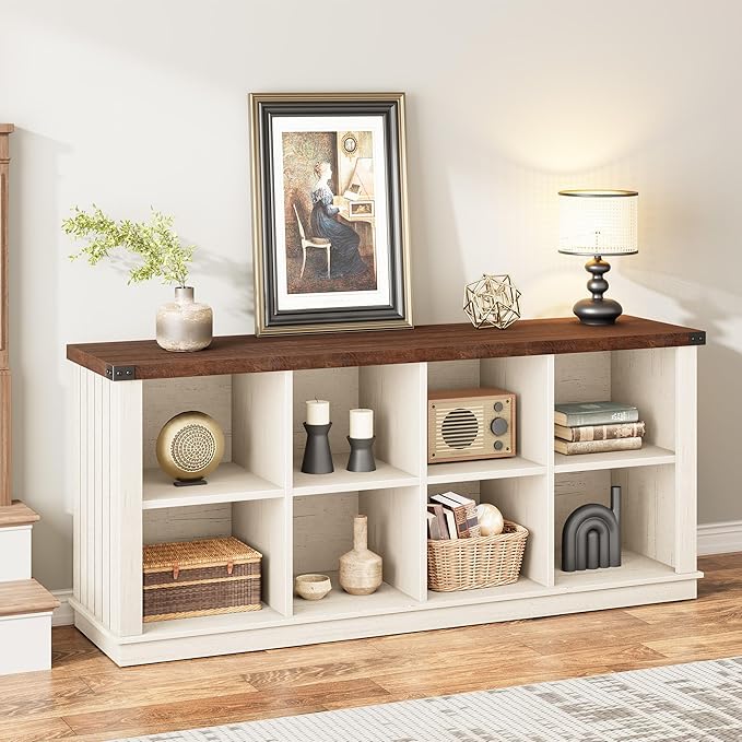 GarveeHome 8 Cube Storage Organizer Bookshelf, Farmhouse Horizontal Bookcase, 62 in Wood Storage Bookcase for Entryway, Long Low Bookshelves for Living Room (Brown and White Contrast, 8 Cube)