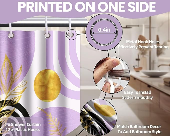 Mid Century Modern Black and Purple Shower Curtain Boho Lavender Light Purple and Gold Shower Curtains for Girls Bathroom Decor Sets, Waterproof Cloth Fabric with Hooks, 60x72in