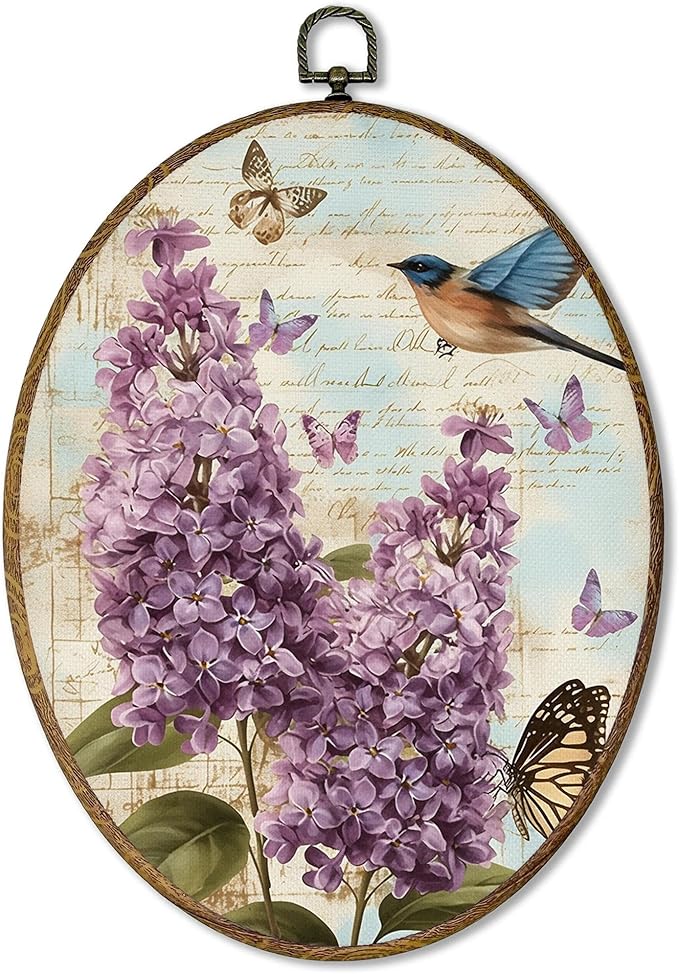 AEHIE Vintage Lilac Floral Bird Oval Wall Art Decor, Cottagecore Lilac Flower Butterfly Canvas Artwork Framed, Bird Floral Picture Oval Wall Art for Home Bedroom Living Room Decor, 11x8.5 Inches