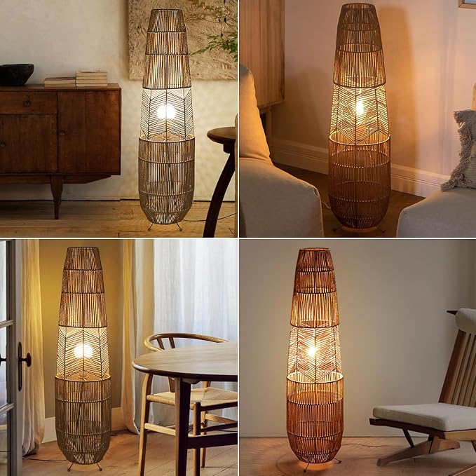 MIXL-Rope-Weaving Floor Lamp with Foot Switches,Dimmable Led Boho Floor Lamps,Minimalist Reading Lamp Floor Standing,Bohemian Style Standing Lamps for Bedroom Study and Living Room