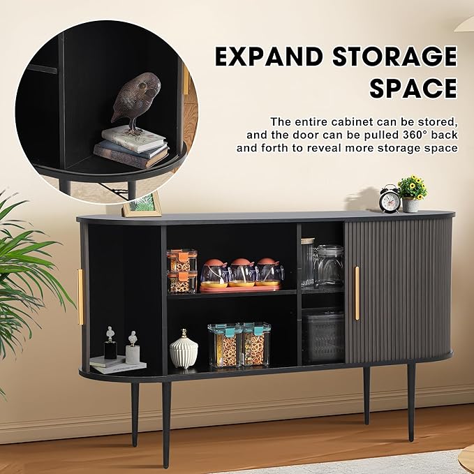 Grepatio 55" Sideboard Buffet Cabinet with Fluted Slide Doors, Tambour Storage Cabinet with Shelves, Modern Credenza Sideboard Buffet Console Cabinets for Living Room Hallway Entryway (Black)
