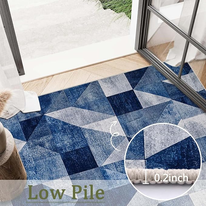 5x7 Navy Blue Area Rug Modern Geometric Blue White Beige Bedroom Rug Soft Low Pile Thin Large Carpet Living Room Non Slip Dining Room Stain Resistant Office Washable Machine