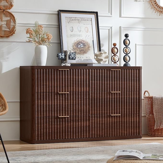 LEYAOYAO Fluted 6 Drawers Dresser Set of 2, 48" Wide Modern Chest of Drawers with Metal Handle, Walnut Curved Profile Dresser TV Stand, Wooden Drawer Organizer for Bedroom, Living Room, Hallway