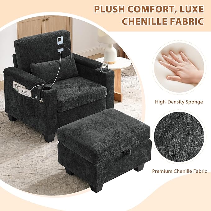 Oversized Chaise Lounge Chair Indoor, Single Convertible Recliner Reading Arm Sofa Chair W/Adjustable Backrest & Charging Port Couch Bed for Living Room, Home Theater & Bedroom, Black