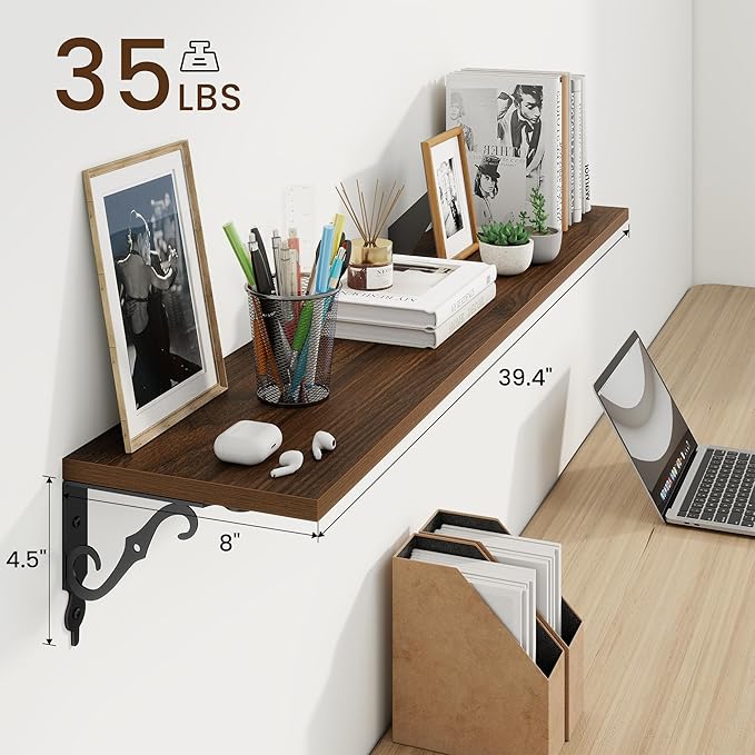 RICHFOCUS Floating Shelves for Wall Decor, 39.4W x 8D Shelves Set of 2, 8 Inch Deep Rustic Wood Shelves Wall Mounted with Brackets, Long Floating Shelves for Living Room Bedroom Kitchen, Walnut