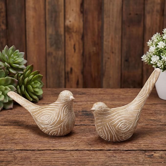 Lewtemi 2 Set Large Bird Figurines Home Decor 4.5'' 6.1'' Resin Birds Statue Modern Wood Look Bird Figurines Animal Decor Sculptures for Living Room, Home, Office, Women