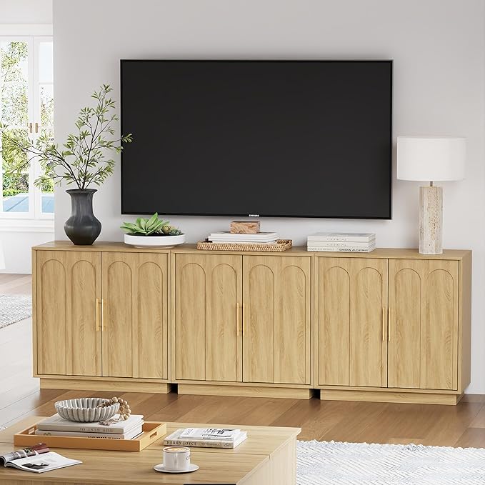 Sideboard Buffet Cabinet with Storage Set of 3, Mid Century Modern Accent Cabinet with Arched Doors, Modular Media Console, Credenza for Living Room Kitchen Dining Room Entryway, Oak