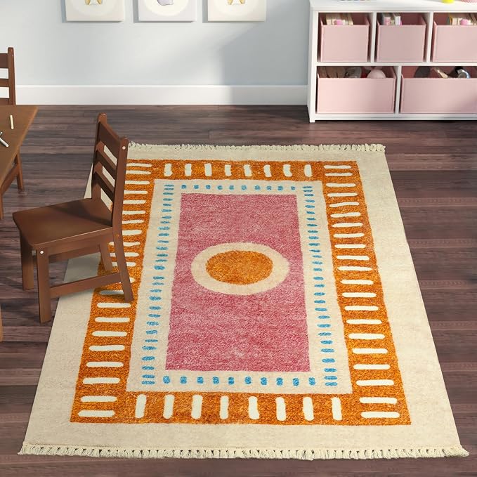 Lukinbox Boho Kids Area Rugs for Living Room, 3x5 Sun Machine Washable Bedroom Rug, Super Soft Non-Slip Orange Circular Rainbow Throw Rug for Entryway Playroom Nursery Room Dinning Room