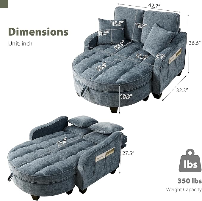 Round Chaise Lounge Chair with Storage Ottoman, Oversized Bubble Chair and a Half Featuring Adjustable Backrest, Plush Reading Accent Chair and Ottoman Set for Bedroom, Navy Blue