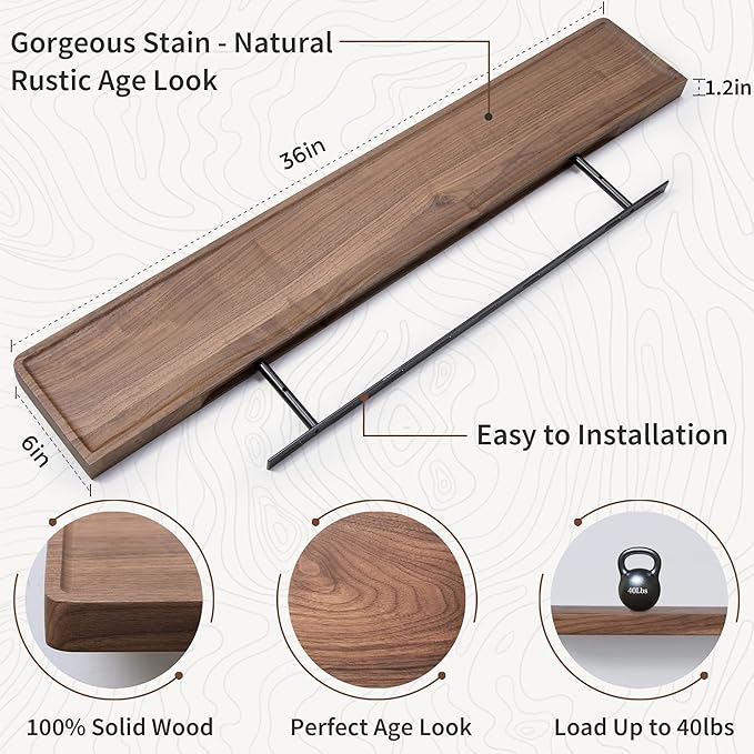 Axeman Walnut Floating Shelves for Wall 36 Inch - 36W x 6D Solid Walnut Wood Shelves Set of 2 - Natural Wooden Shelves for Room Wall Decor