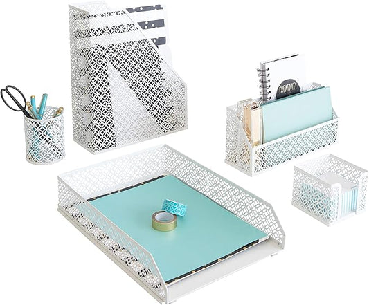 BLU MONACO | White Desk Organizer Set 6 Piece | Mail Sorter Organizer Countertop with Letter Sorter for Desk | Standing File Organizer for Desk with Pen Holders