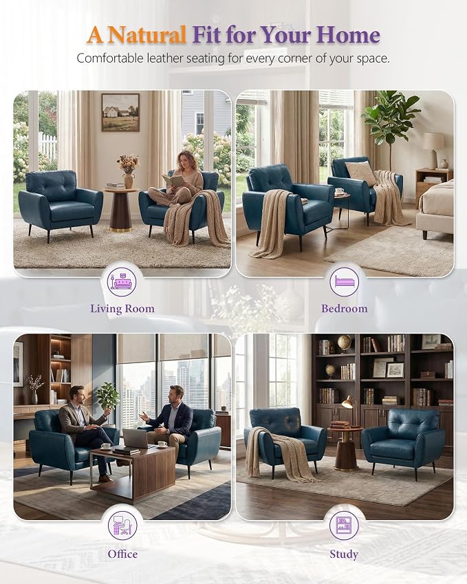 TYBOATLE Accent Chair, Comfy Modern Living Room Blue Leather Reading Accent Chairs Tufted Mid Century Arm Chair Small Salon Chair for Office Bedroom (1, Blue)