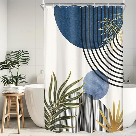 KOMLLEX Mid Century Blue Green Boho Shower Curtain for Bathroom Decor 54Wx78H Inches Abstract Modern Minimalist Chic Plants Arch Curve Leaves Sun Fabric Waterproof Polyester 12 Pack Hooks Pack Hooks