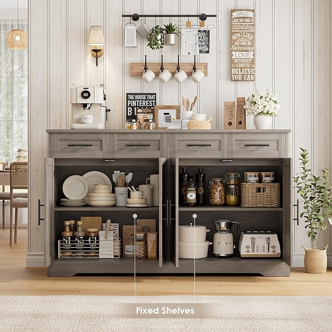 HOSTACK 60" Large Buffet Sideboard with Storage, 36" Tall Kitchen Buffet Storage Cabinet with 4 Drawer, Modern Coffee Bar Cabinet with Black Handle, Long Sideboard Table for Living Room, Ash Gray