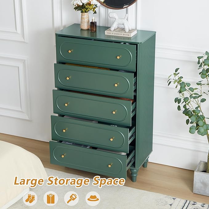 ORRD 5 Drawer Fluted Dresser for Bedroom Set of 2, Mid Century Modern Chest of Drawers, Wood Storage Large Dresser Organizer for Bedroom Living Room Hallway Closet, Green