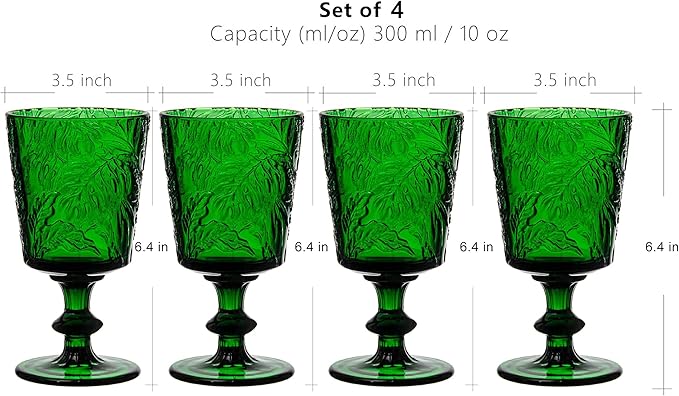 Jomop Handmade Pressed Colored Stemmed Wine Glasses Set Green Set of 4 Retro St. Patrick's Day Vintage Glassware (4, Wine Goblet)