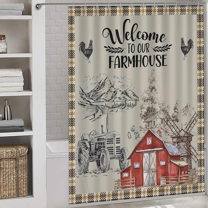 Farmhouse Animal Cabin Shower Curtains Rustic Plaid Buffalo Barn Rooster Waterproof Shower Curtains for Bathroom Decor 12 Pack Hooks 66x72in（168x183cm）